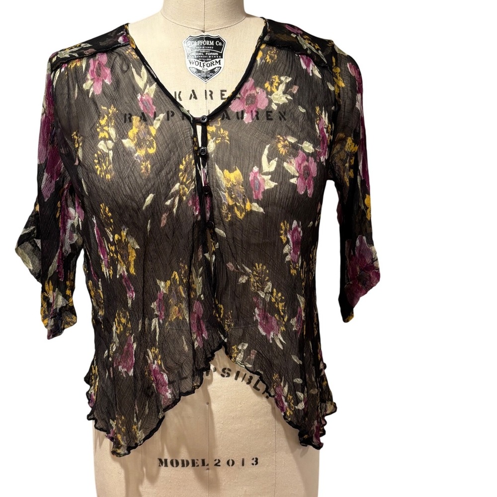 Free People Floral Sheer Button Up Top‎ Bohemian Blouse 3/4 Sleeve S